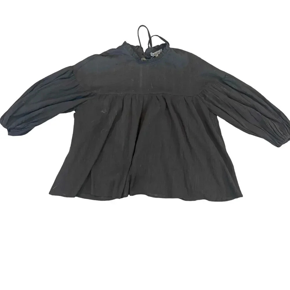 NWT Wishlist Apparel Black Babydoll Long Sleeve Pleated Blouse Womens Size Small